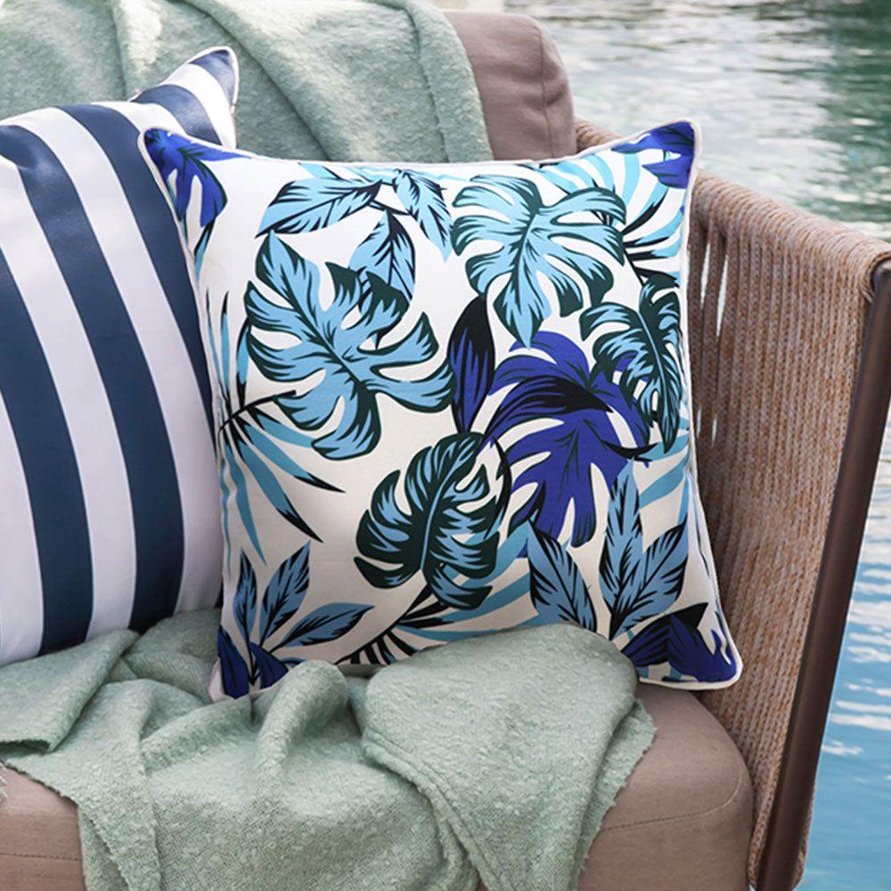 Tropical Monstera Blue Outdoor Cushion