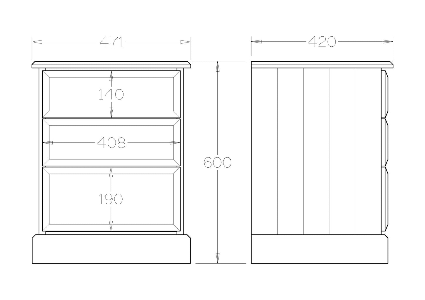 Andorra 3-Drawer Bedside